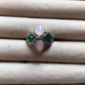 SS ring/Mother of Pearl, Marcasite &Green stones